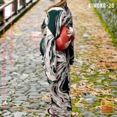 アンティーク着物 緑×墨流し 和モダン 大正ロマン 普段着・お出かけに