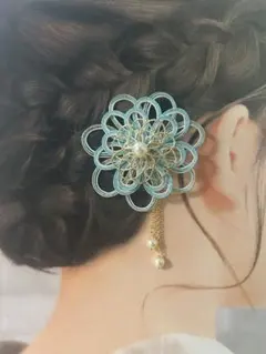 水引のかんざし　和装　髪飾り　花　ブルー（ラメ）×ゴールド　【ハンドメイド】