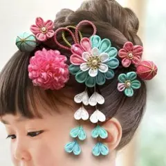 七五三髪飾り　青　ピンク　白　つまみ細工　３歳　７歳　No.449