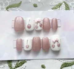 ハンドメイド　ネイルチップ　さくらんぼネイル　ぷっくりさくらんぼ　ピンクネイル
