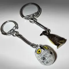 キーホルダー　二個セット　鳥　梟　フクロウ　ペンギン？　キーリング　陶器　焼き物
