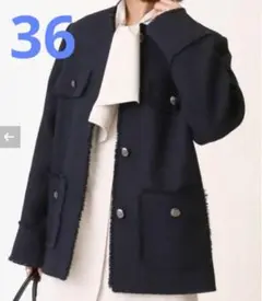 IENA イエナ＆NAVYノーカラーツイード ジャケット　　ネイビー　　36