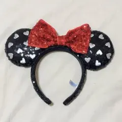 ディズニー　カチューシャ　スパンコール　ミニー　ハート　ブラック　レッド