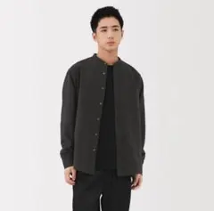 無印 洗いざらしオックススタンドカラー長袖シャツ　S ダークグレー【新品】