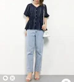 Adam et Rope ストライプ柄 ペプラムブラウス 半袖 ネイビーのサムネイル