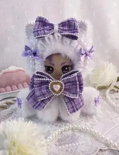 ♡ ツイード風　お座りぬい服　猫耳　白x紫10〜16cm ♡ ⑧