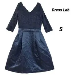美品 Dress Lab レース切替 フレアドレス S ネイビー 結婚式 二次会