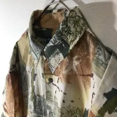 【個性派古着】長袖総柄デザインシャツ　水彩画風　レトロ　くすみカラー　メンズM
