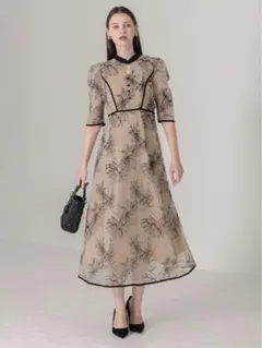 パイピングハイネック花柄ラメレースワンピースドレス結婚式二次会パーティー成人式