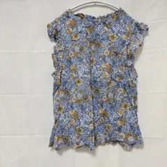 花柄 フレンチスリーブ トップス シャツ ブルー系 古着 ナチュラル