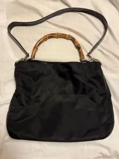 GUCCI ブラックナイロンキャンバスxバンブー2Wayハンドバッグ