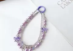 パープル可愛いキーホルダーバッグチャームキーホルダー上品な輝き2連パール＆ビーズ