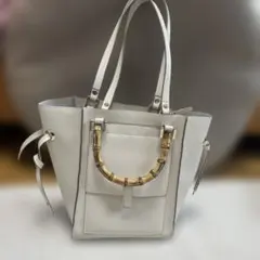 ホワイト バンブーハンドル トートバッグ