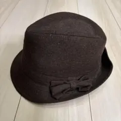[い28]ウール製リボン付きフェルトハット ダークブラウン
