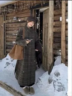 チェック柄ロングコート ブラウン フリーサイズ 中綿入り ベルト付き