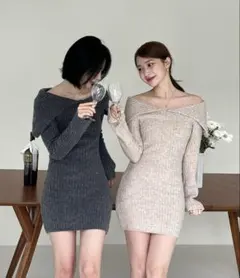 by muni:r リブオフショルダーワンピース