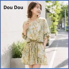 Dou Dou 総柄ワンピース M ウエスト紐 薄手 きれいめ 水彩柄のサムネイル