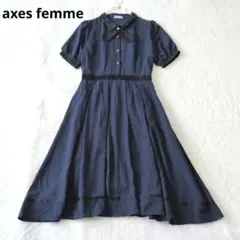 axes femme フレアロングワンピース 半袖 リボン ネイビー Fのサムネイル