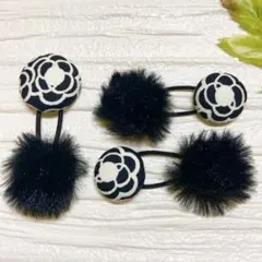 お買い得♡お揃い　カメリア柄とファー　シンプルくるみボタン　ヘアゴム 3個セット