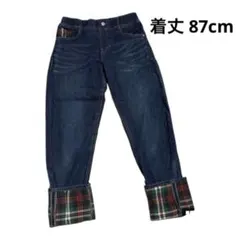 ダークブルーデニムパンツ 裾 チェック柄 M