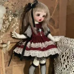 1/6 ドール用 アウトフィット ワインレッド お茶会ワンピース BJD 幼SDのサムネイル