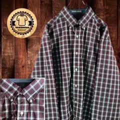 ノーティカ　長袖シャツ　ボタンダウン　チェック　刺繍　L 赤　レッド系　古着