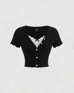 ブラック クロップド Tシャツ ボタン付き