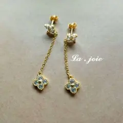 人工ダイヤモンド gold flower ロング チェーン ピアス