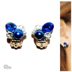 ロイヤルブルー クリスタル パール ビジュー♥イヤリング【No.134】