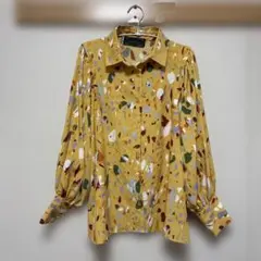 柄物体型カバー！ イエロー系抽象模様長袖シャツ