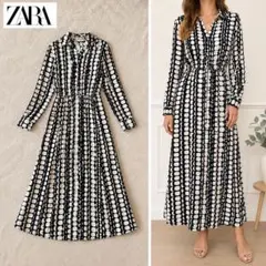 ZARA ロングワンピース XS ブラック ベージュ 総柄 長袖 シャツワンピ