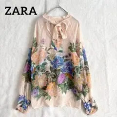 ザラ 花柄ボウタイブラウス シアー 長袖 S 春夏トップス フェミニン 透け感