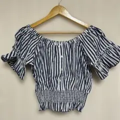 【良品】Heather ヘザー ストライプ柄オフショルダー半袖ブラウス Fのサムネイル