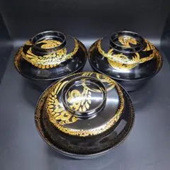 蓋付き黒漆塗り汁椀 　吸い物椀　漆器　3客揃え　 美品　伝統工芸　正月