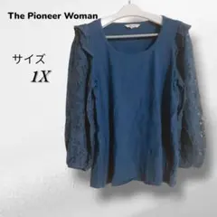 レディーストップス レース袖 ダークブルー 長袖 フリル 1X