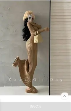 DHOLIC スリットネックタイトリブニットワンピース