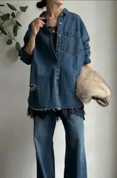 美品★Dou Dou　人気カラー　ダメージデニムシャツ