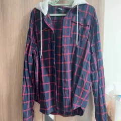 フード付きチェックシャツ ネイビー×レッド
