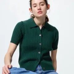 UNIQLO リブポロカーディガン 半袖 グリーン XL