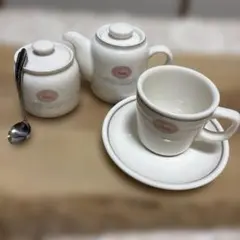 ミスド旧ロゴ、コーヒーティーホット、シュガーポット、カップ&ソーサー３点セット