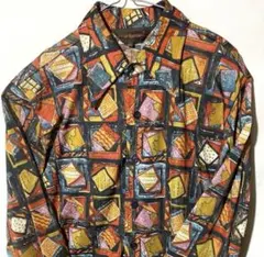 ヴィンテージ Lサイズ 長袖 ポリエステル 総柄 光沢 シャツ