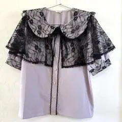 ✴︎新品タグ付き✴︎レース付きパフスリーブブラウス　半袖L 薄パープル×ブラック