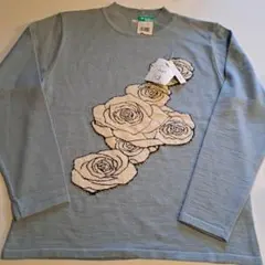 水色 バラ刺繍 ニットセーター M 日本製