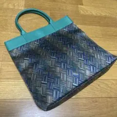 美品 未使用 緑 多色 織物 ストライプ トートバッグ マグネット式 内ポケット