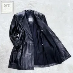 【超希少】ダブル襟ロングレザーコート　vintage　極厚肩パッド　黒　XL相当