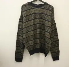 ストライプ柄 長袖ニットセーター ネイビー系