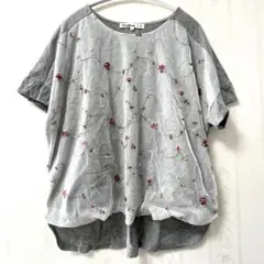 新品 フラワー 刺繍入りグレー半袖Tシャツ チュール L