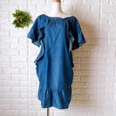 T019オットーデニムオフショルワンピースひざ丈 M チュニックカジュアル