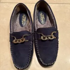 ネイビー スエード モカシン ゴールドチェーン