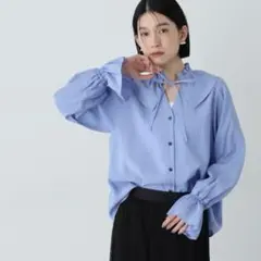 상태좋음 N. 프릴 컬러 리본 블라우스 M 블루 캔디 슬리브 긴팔